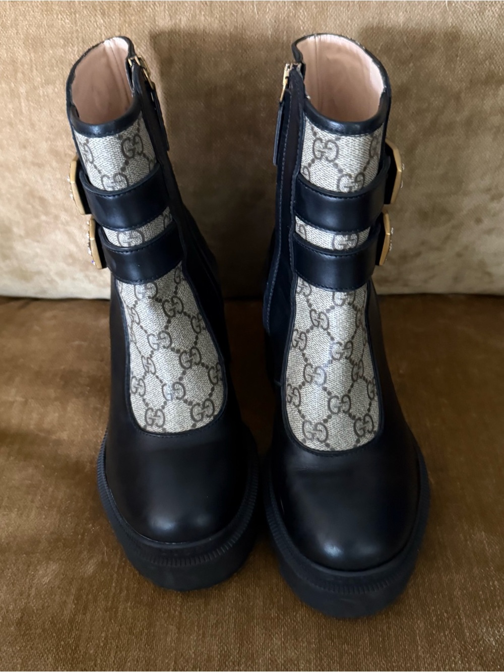 Gucci Black Leather & GG Canvas Buckle Lace-Up Boots